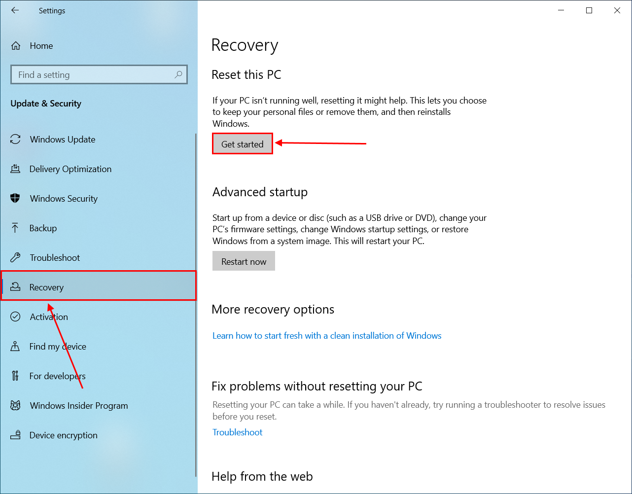 Recovery window in Settings