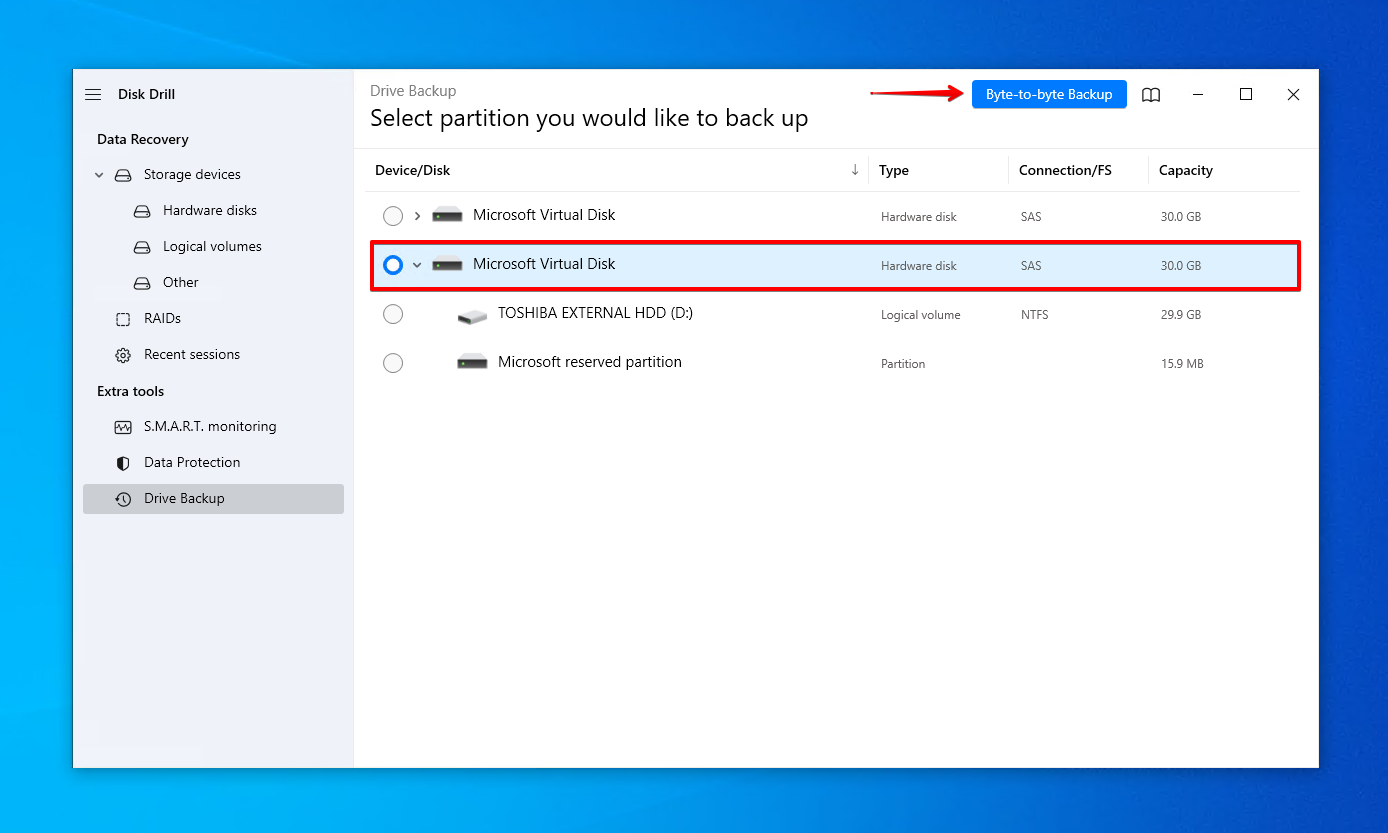 Creating a byte-to-byte backup of the Toshiba drive.