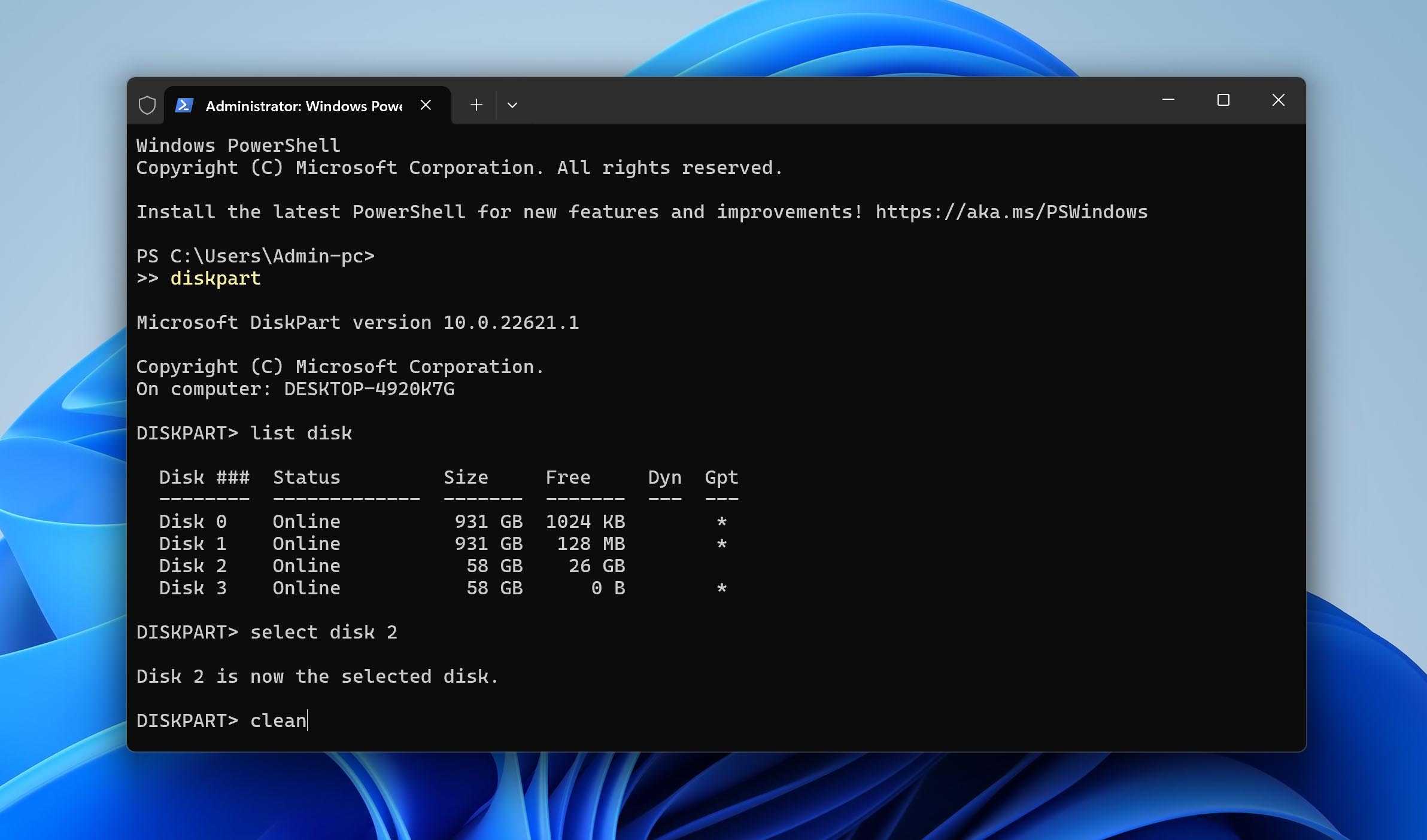 clean ESD-USB device in diskpart