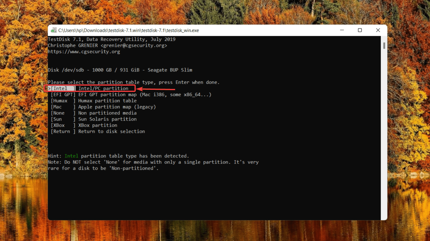 selecting the partition table on testdisk