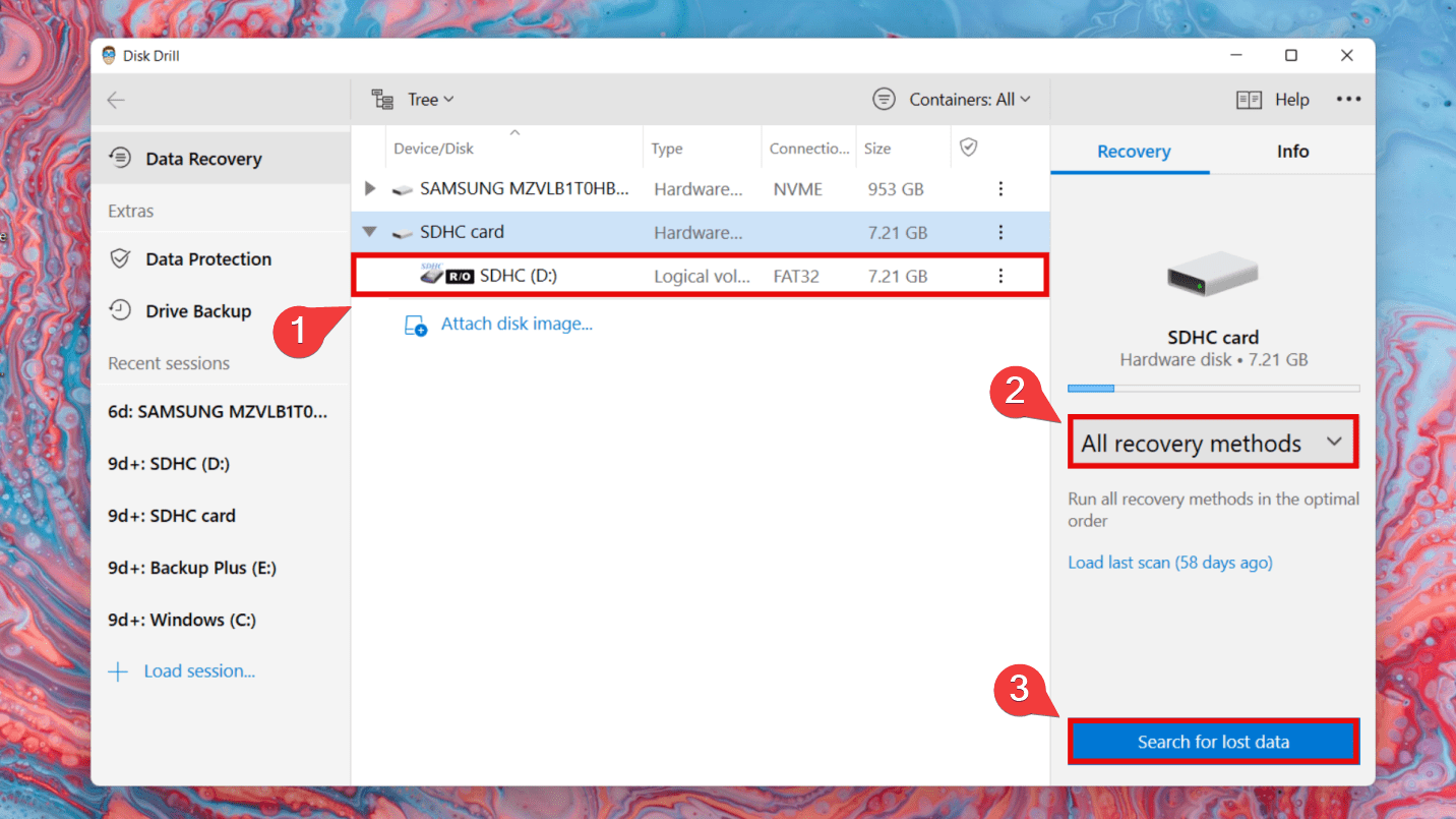 selecting memory card on disk drill