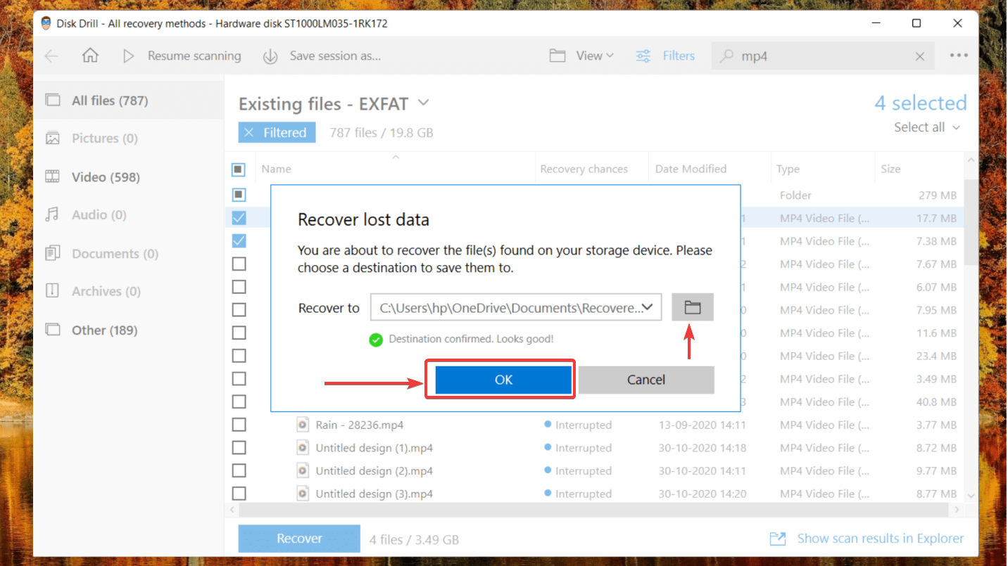 selecting destination to save the recovered files