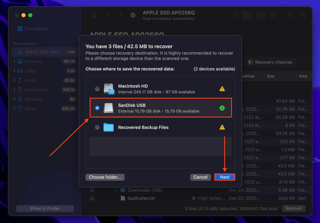 Disk Drill destination selection