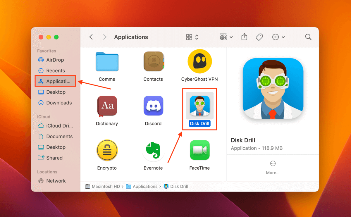 Disk Drill app in the Finder Applications folder