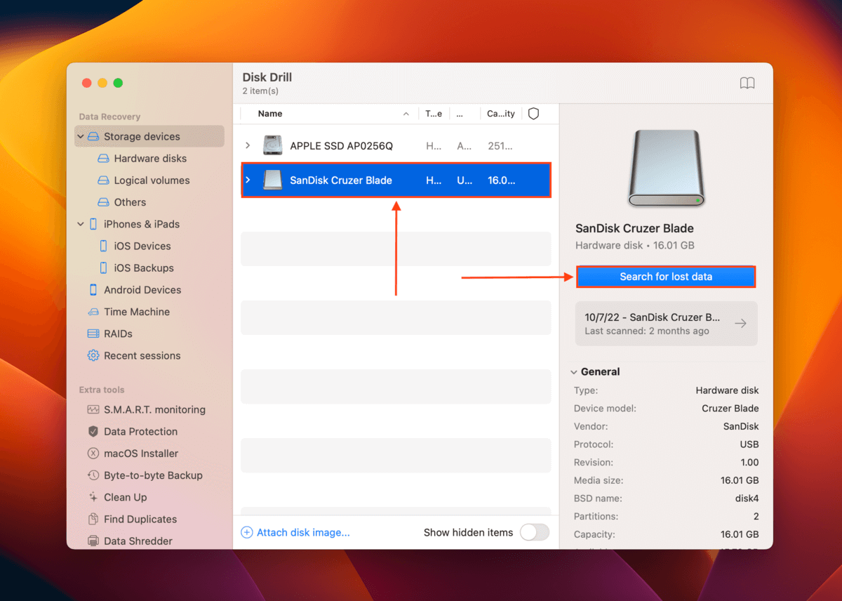 Disk Drill drive selection menu