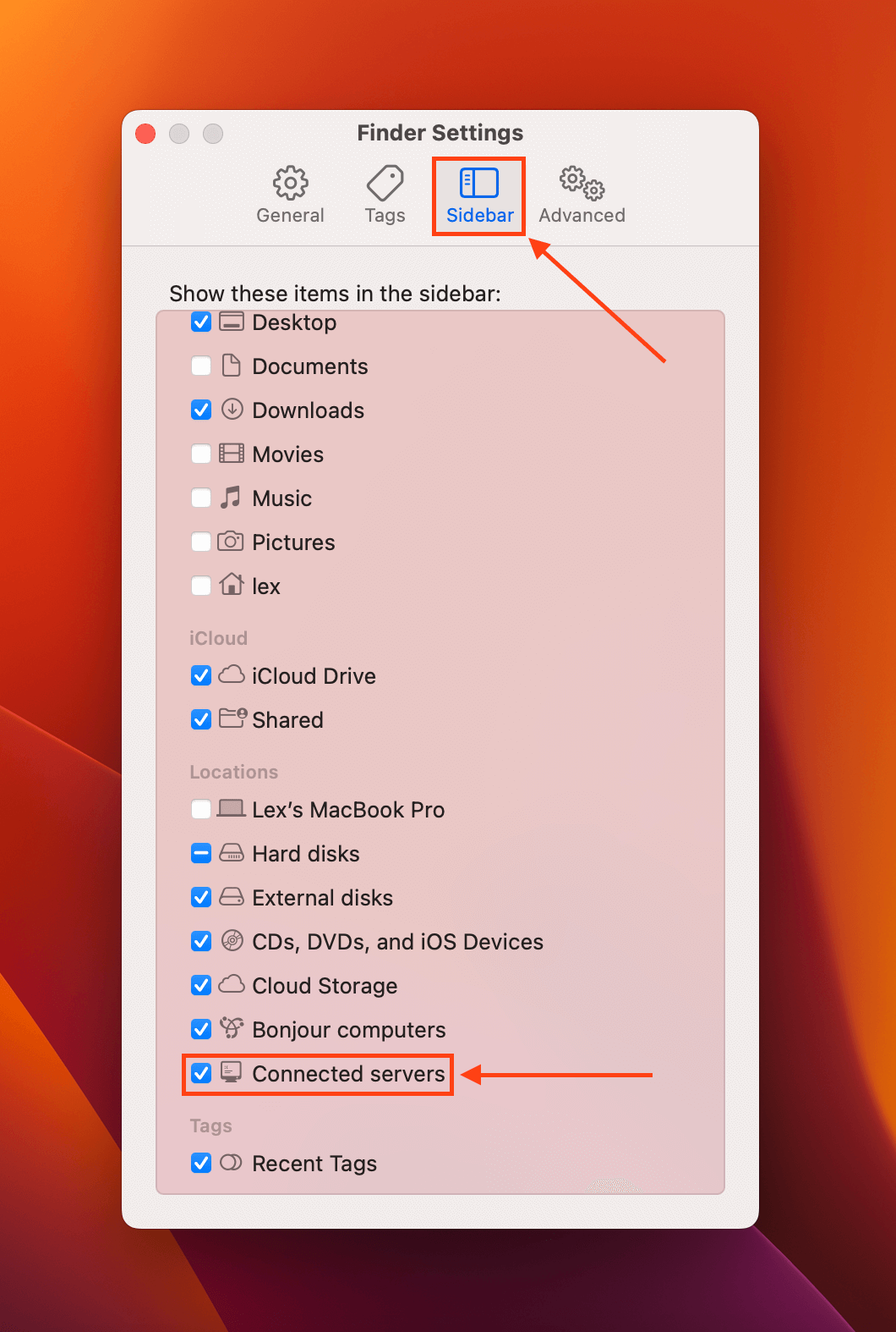 Sidebar tab in Finder's Settings window