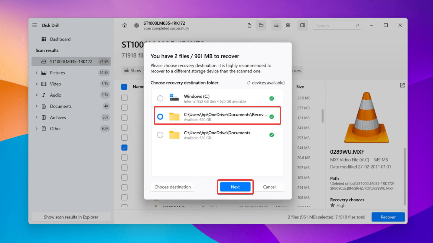 selecting destination for data recovery