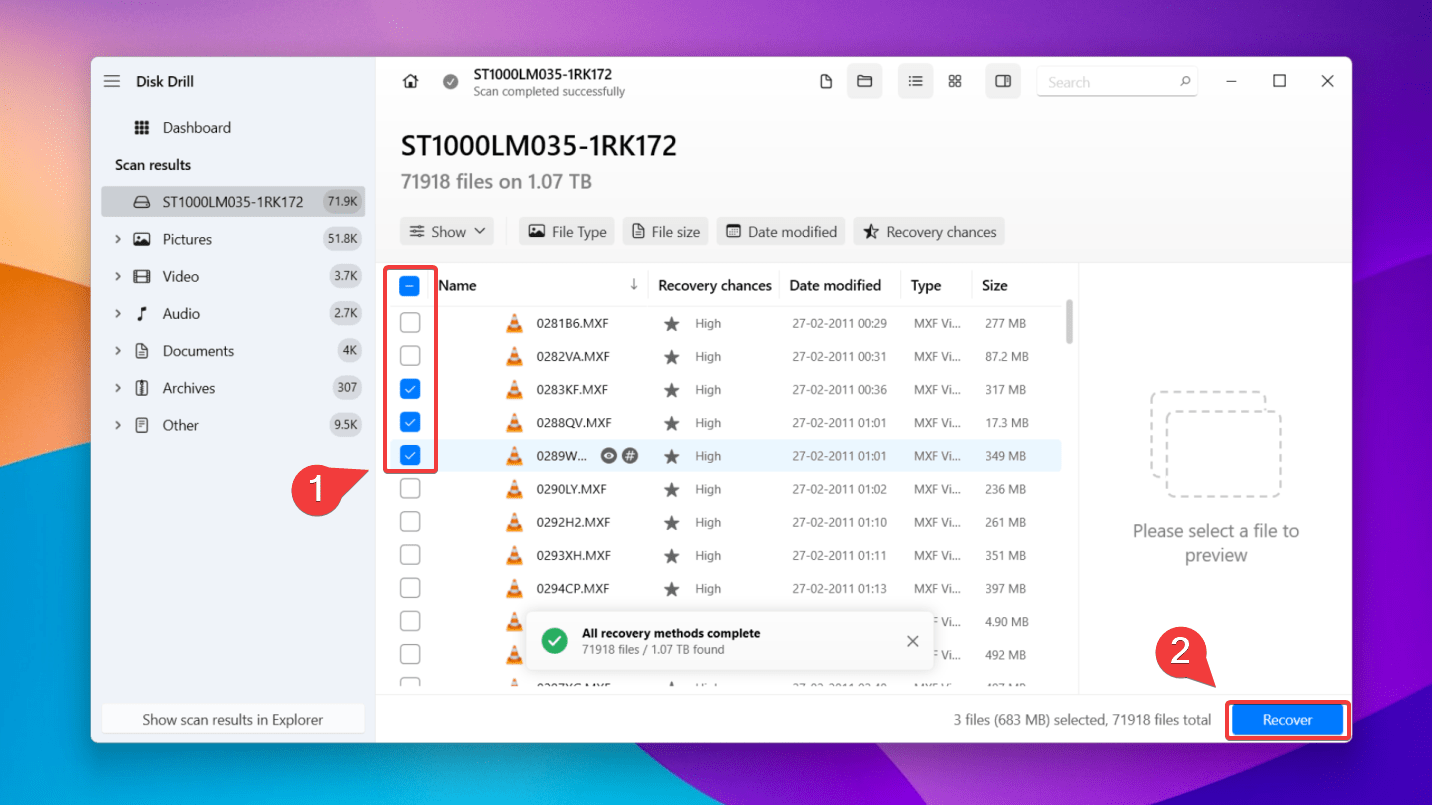 selecting files for data recovery