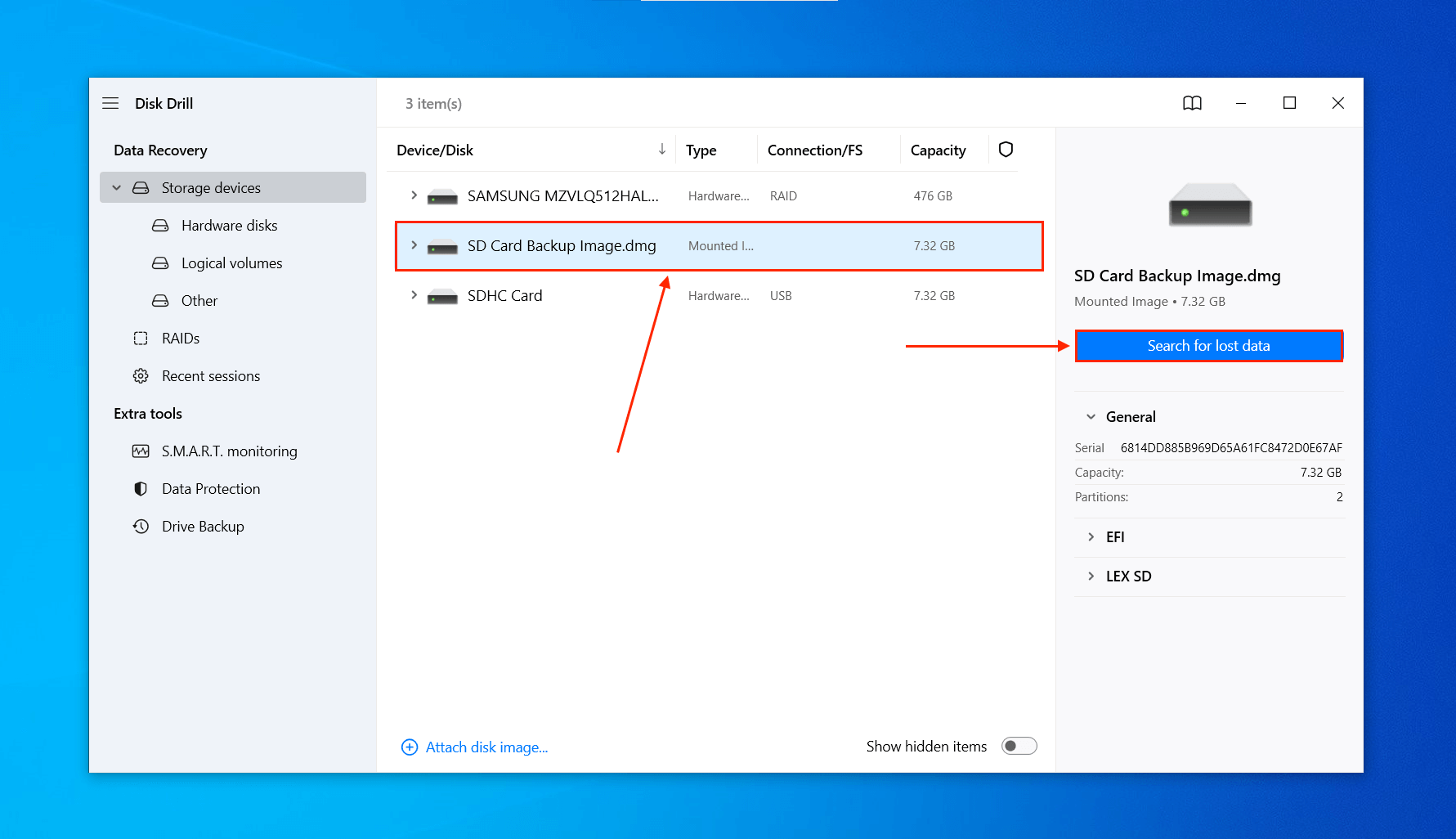 Disk Drill drive selection menu for recovery