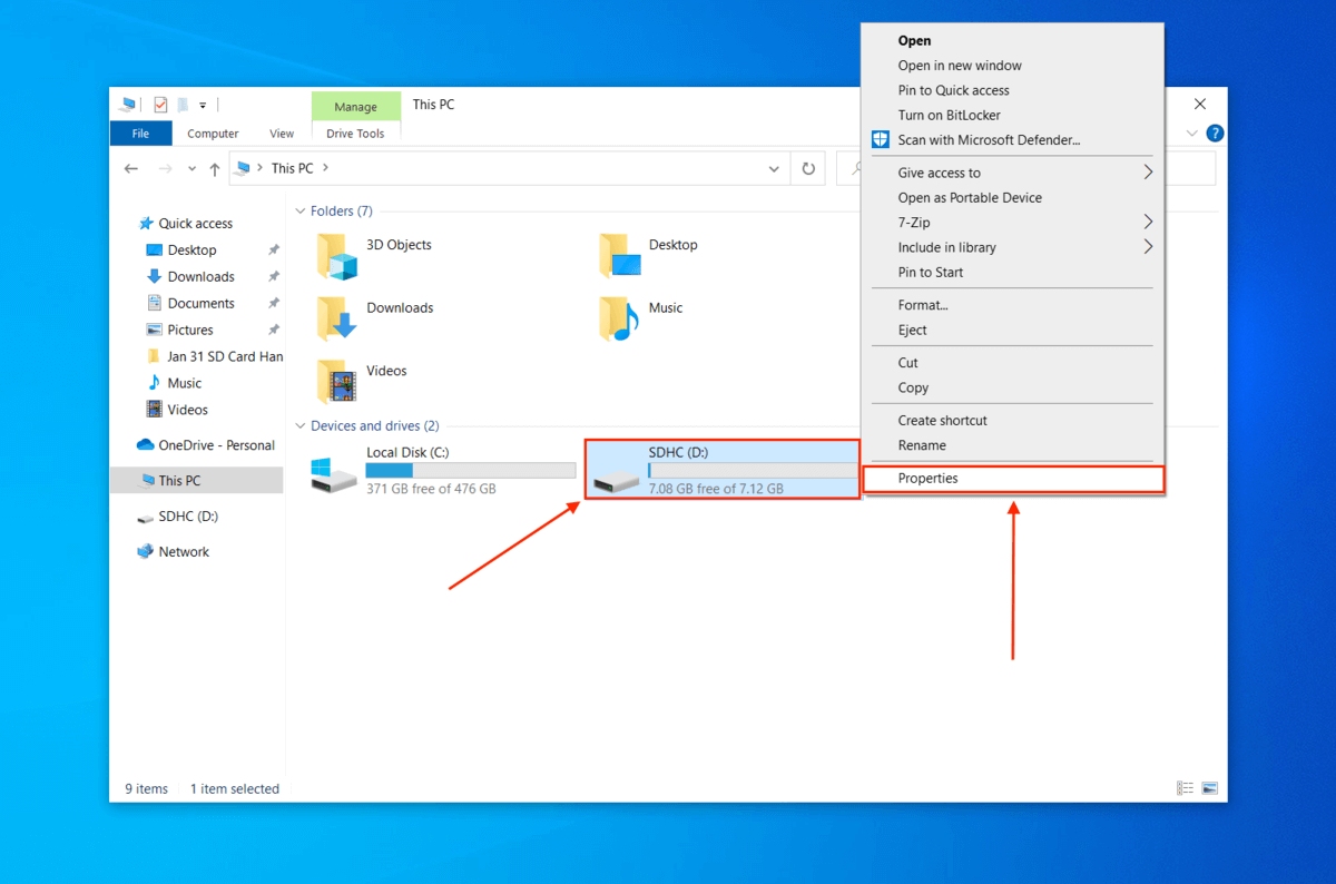 Properties option in the SD card's right click menu in Explorer