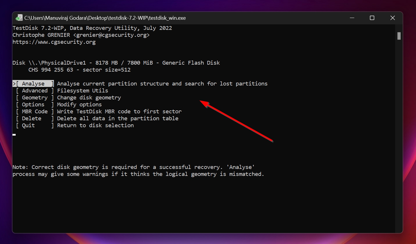 The analyze disk option in TestDisk.