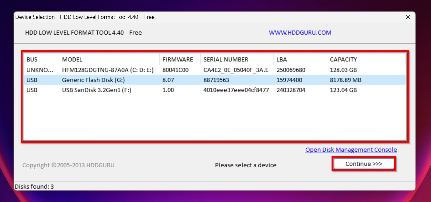 HDD Low-Level Formatter Drive Selection screen.