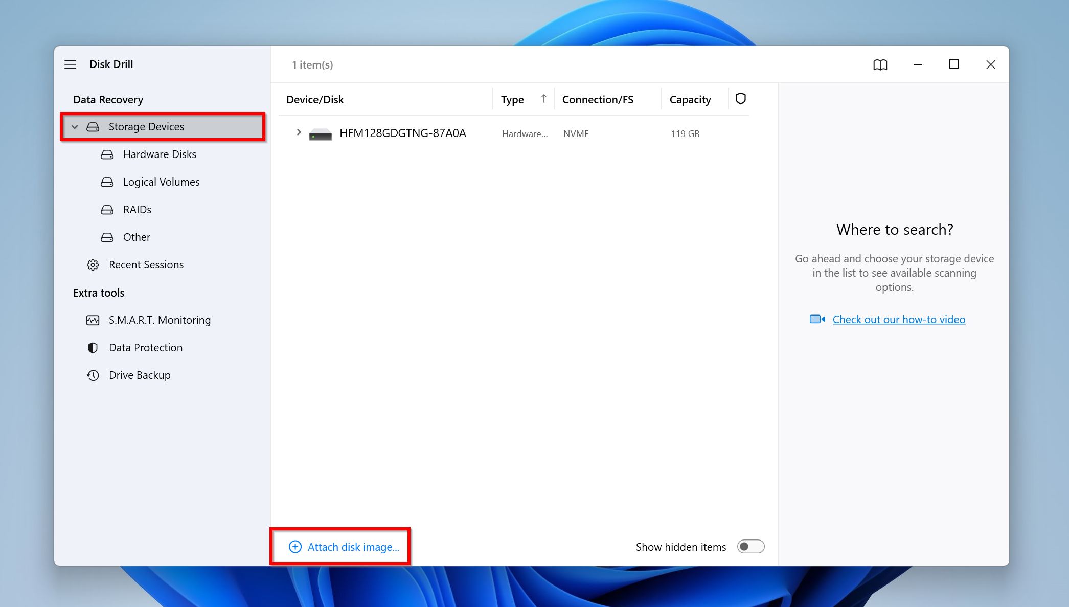 The Storage Devices screen in Disk Drill.