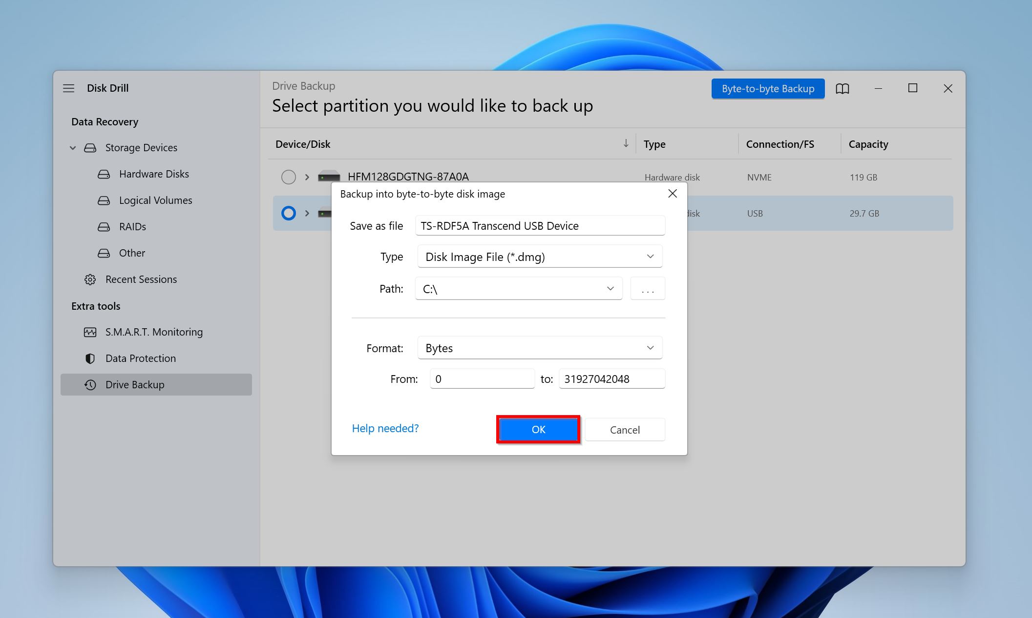 Backup destination prompt in Disk Drill.