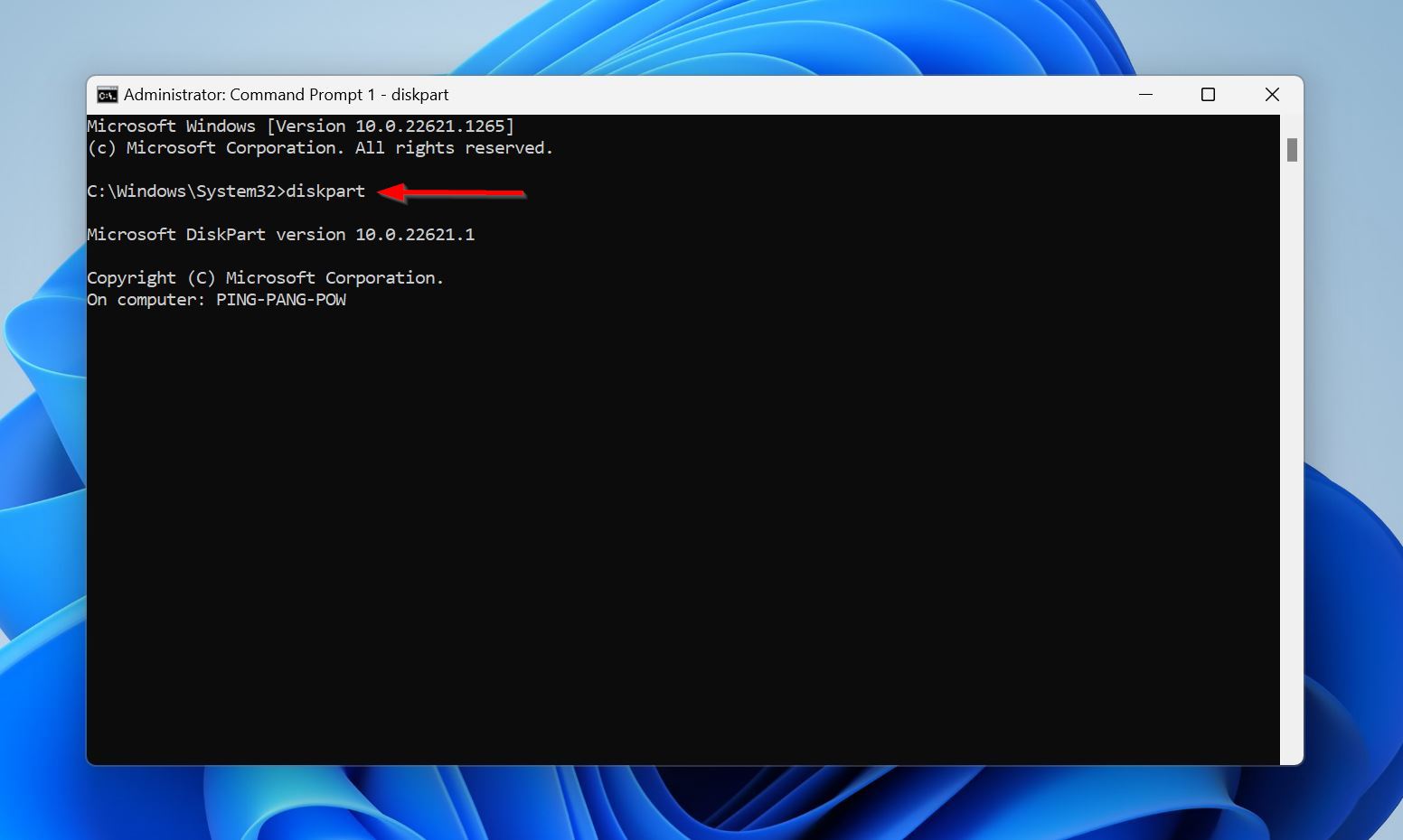 The diskpart command in Command Prompt.