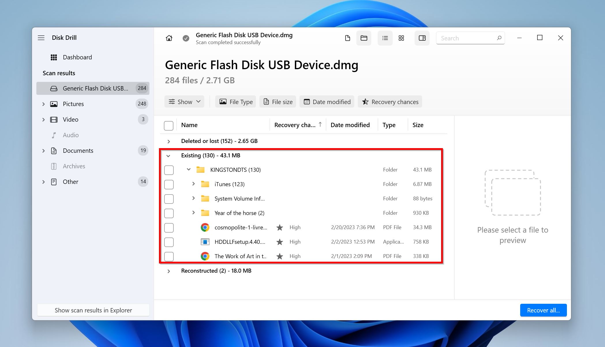 The Existing tab in Disk Drill's data recovery screen.