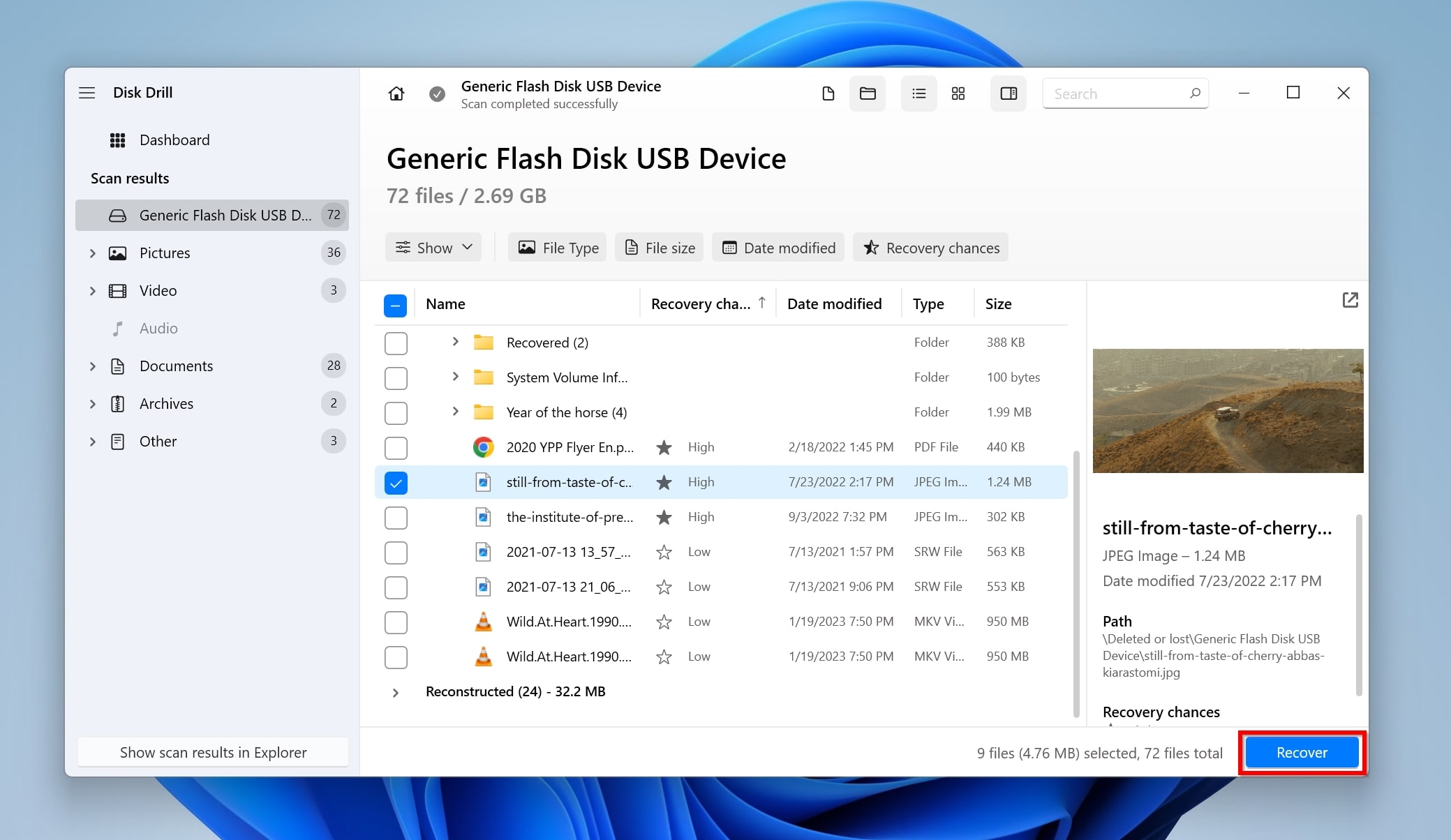 List of recoverable files in Disk Drill.