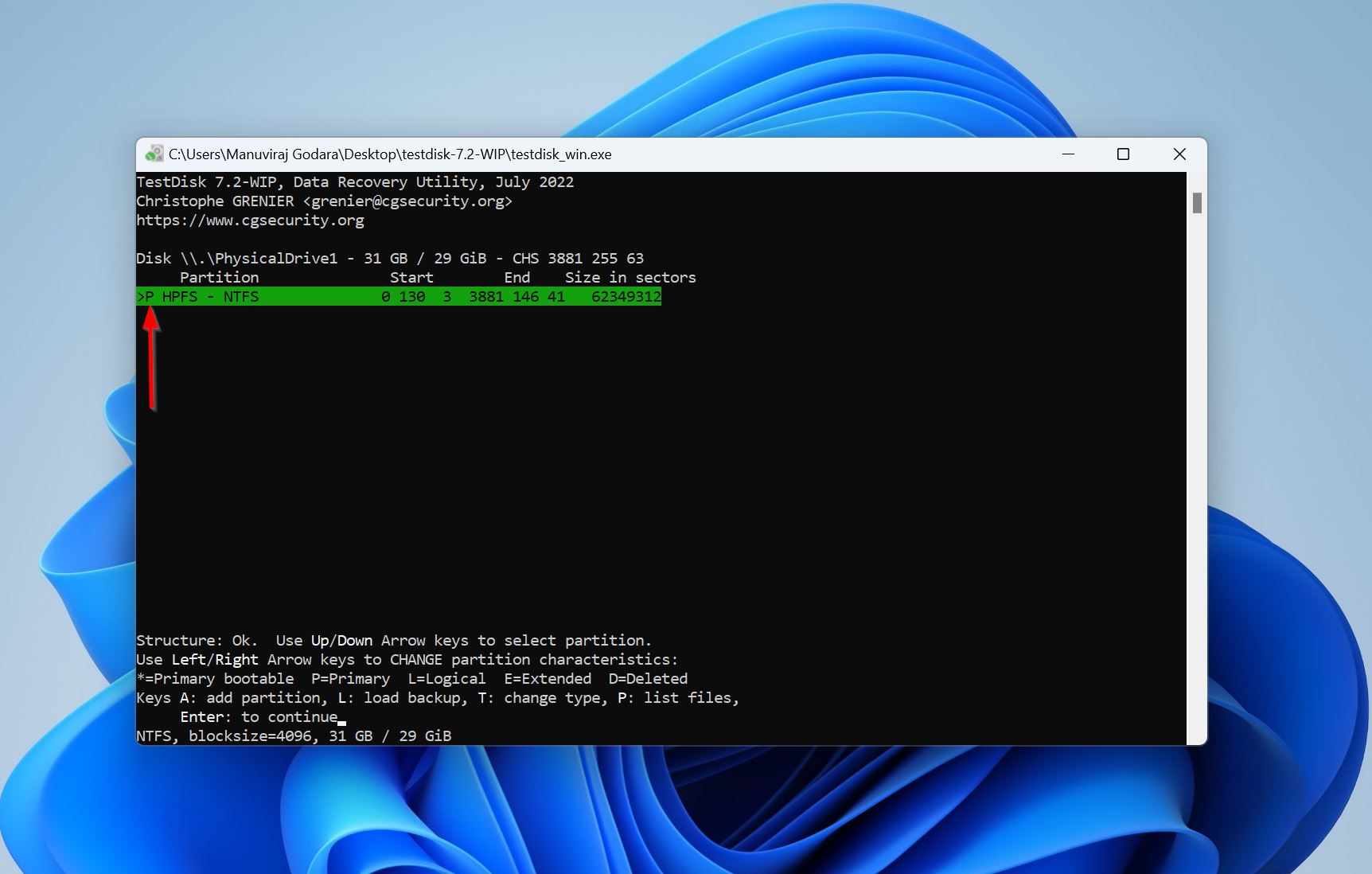 Primary partition letter screen in TestDisk.