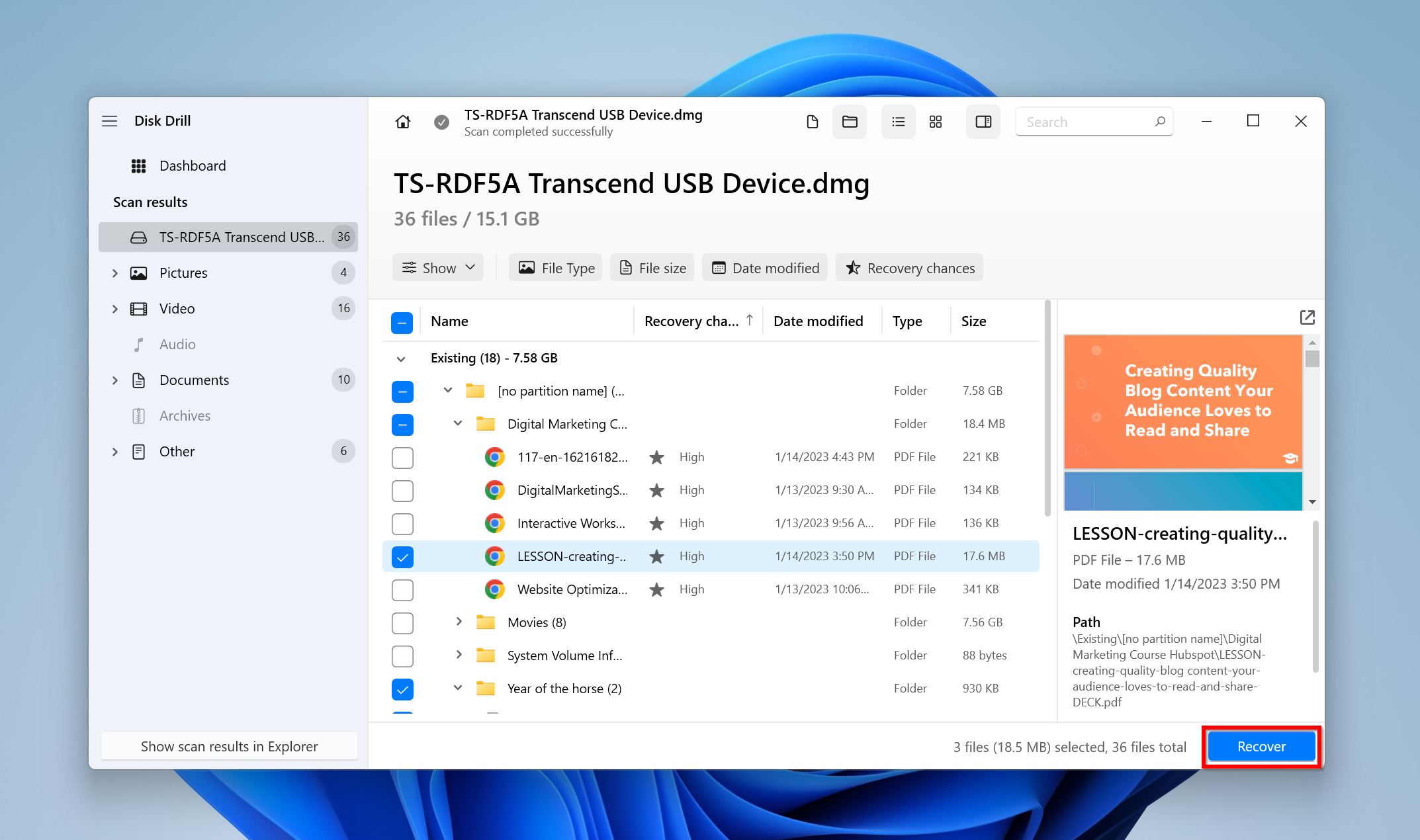 List of recoverable files in Disk Drill.