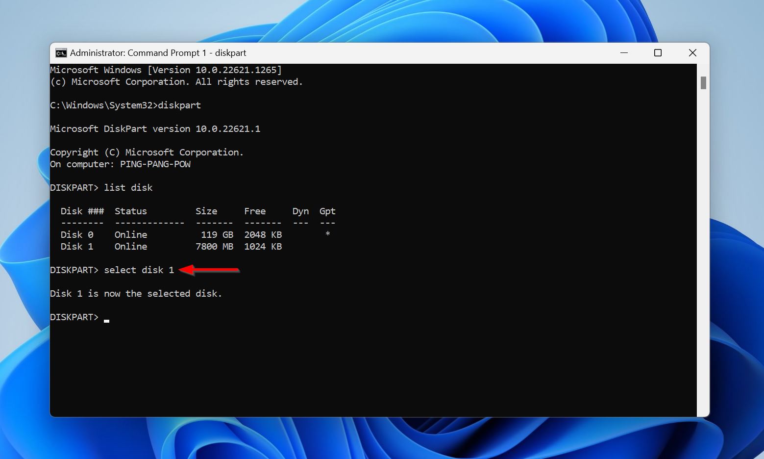 The select disk command in Command Prompt.