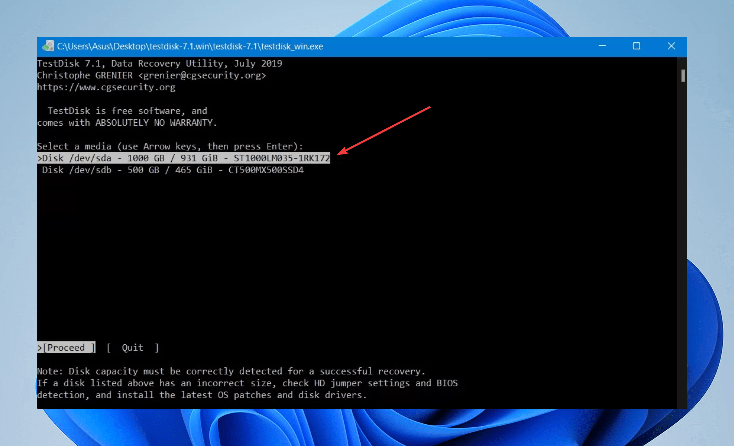 selecting hard drive on testdisk