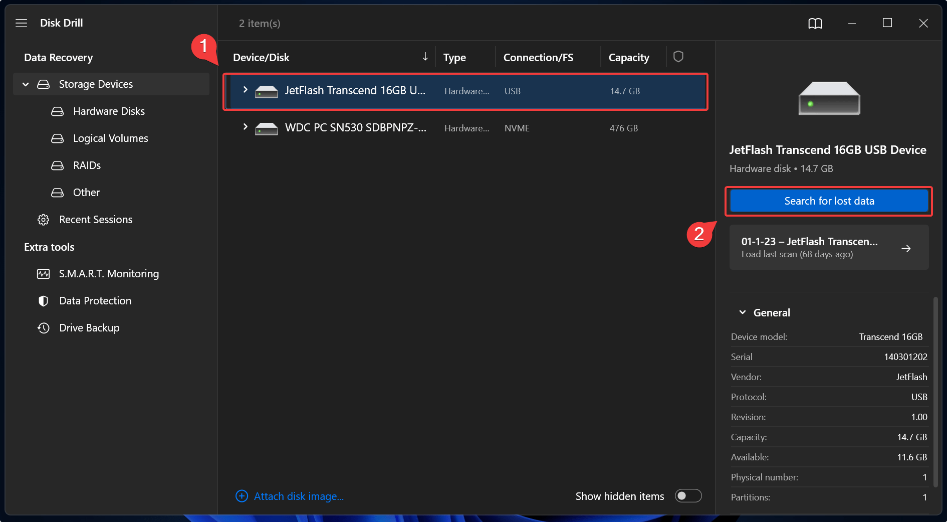 selecting drive on disk drill