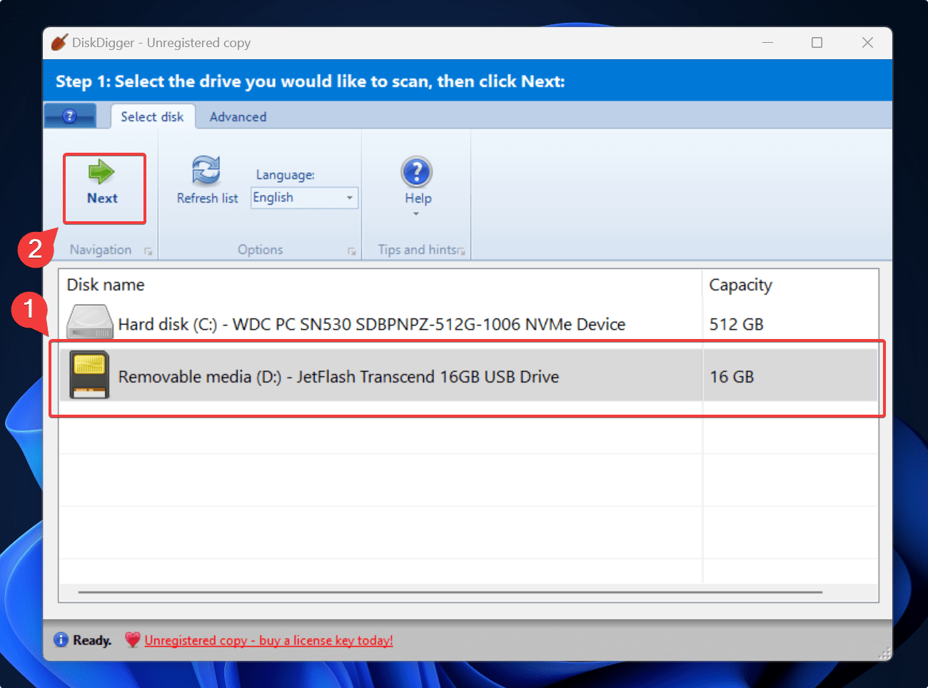 selecting drive on disk digger