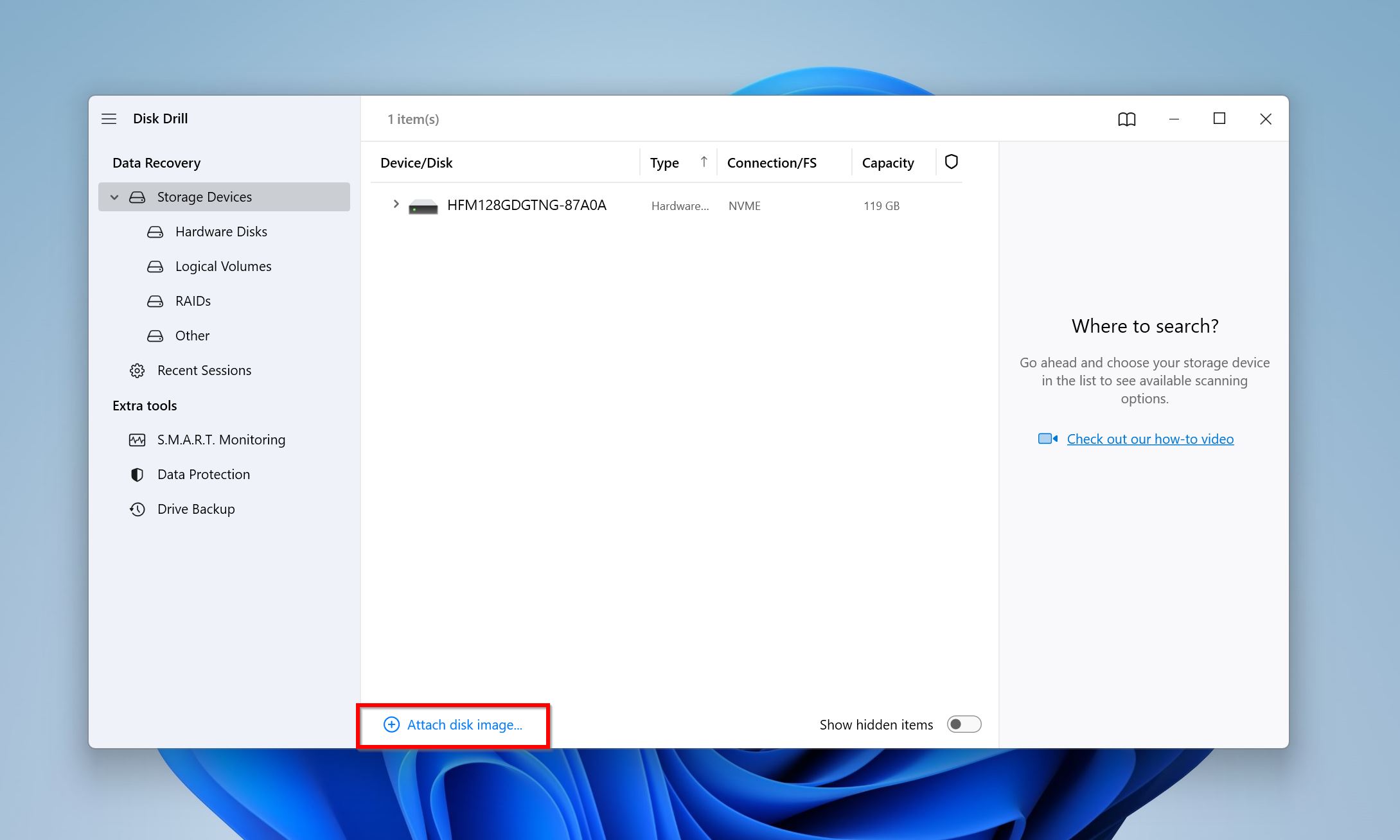 Attach disk image option in DIsk Drill.