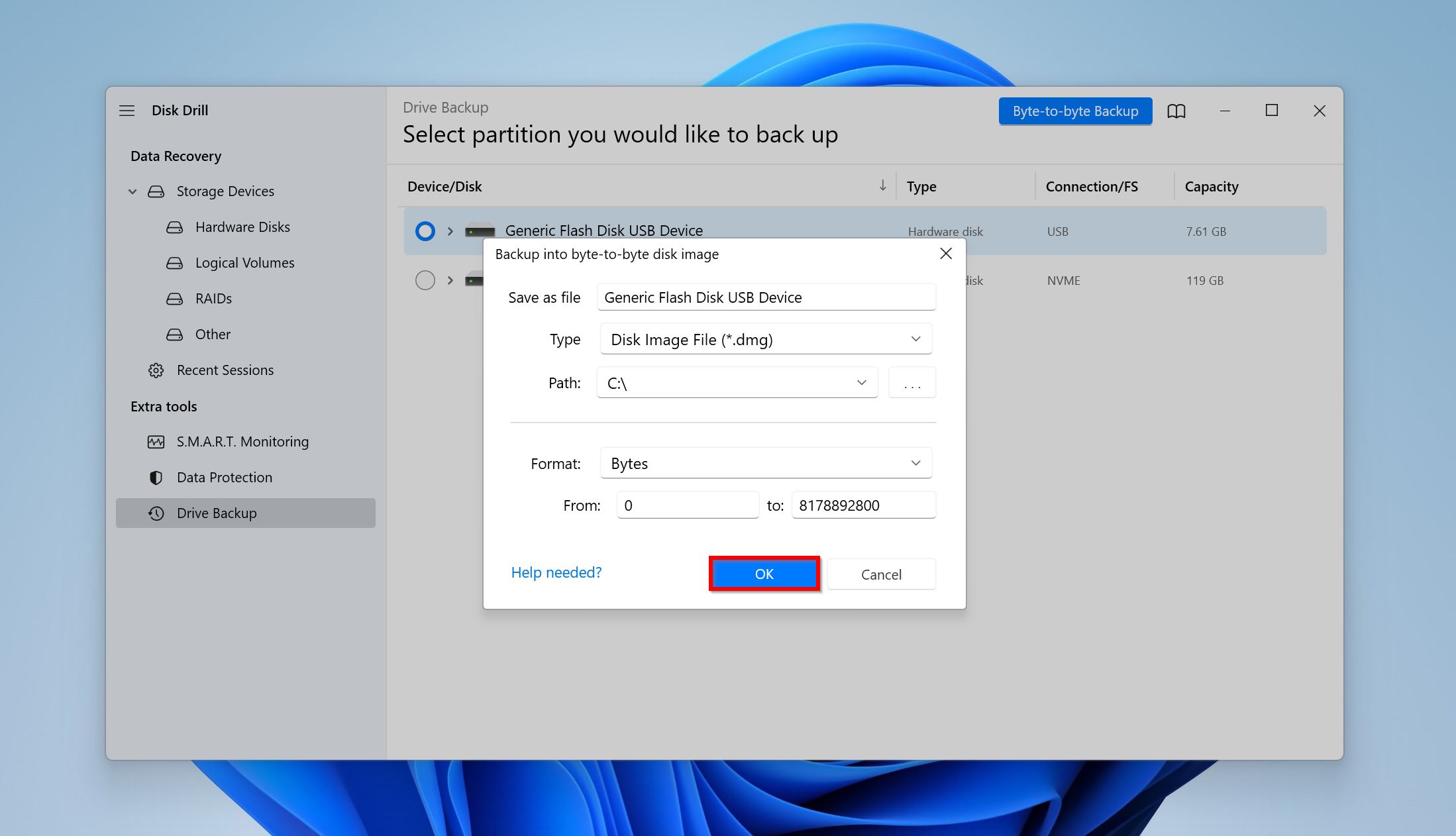 Disk image destination in Disk Drill.