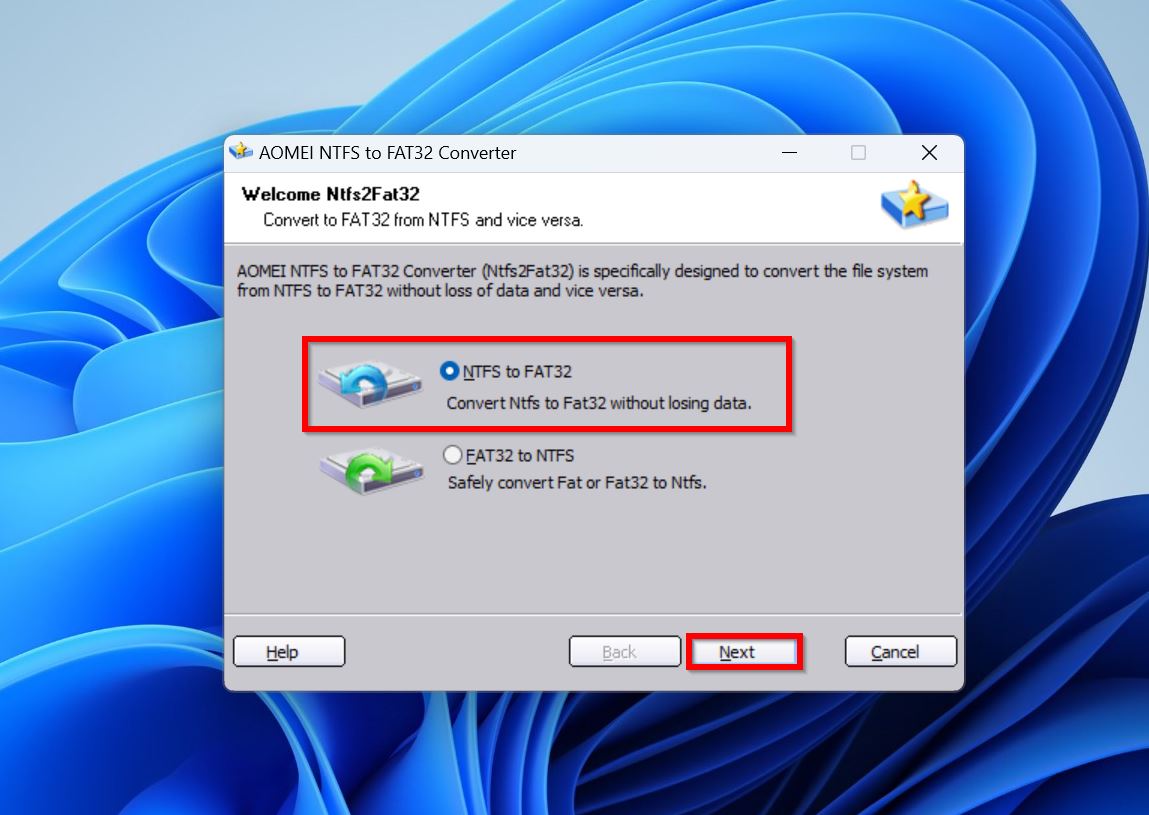 NTFS FAT32 Convert Wizard welcome.