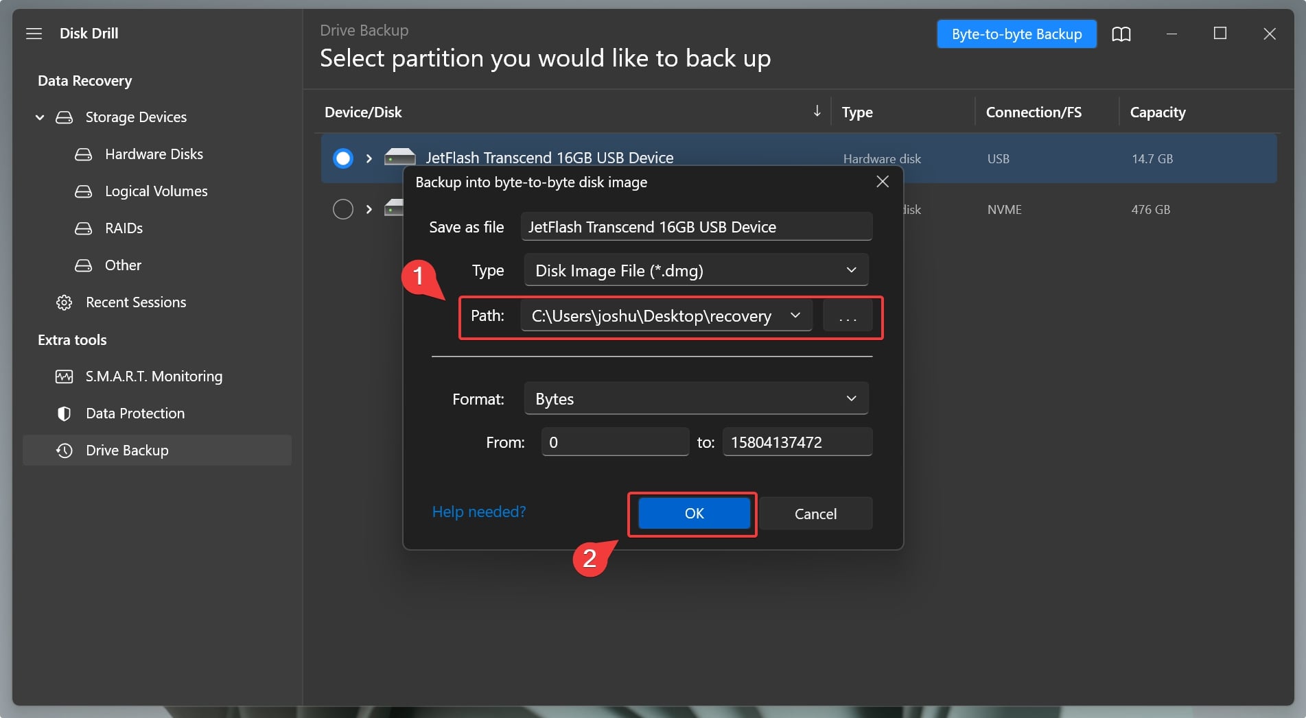 selecting destination for byte to byte backup