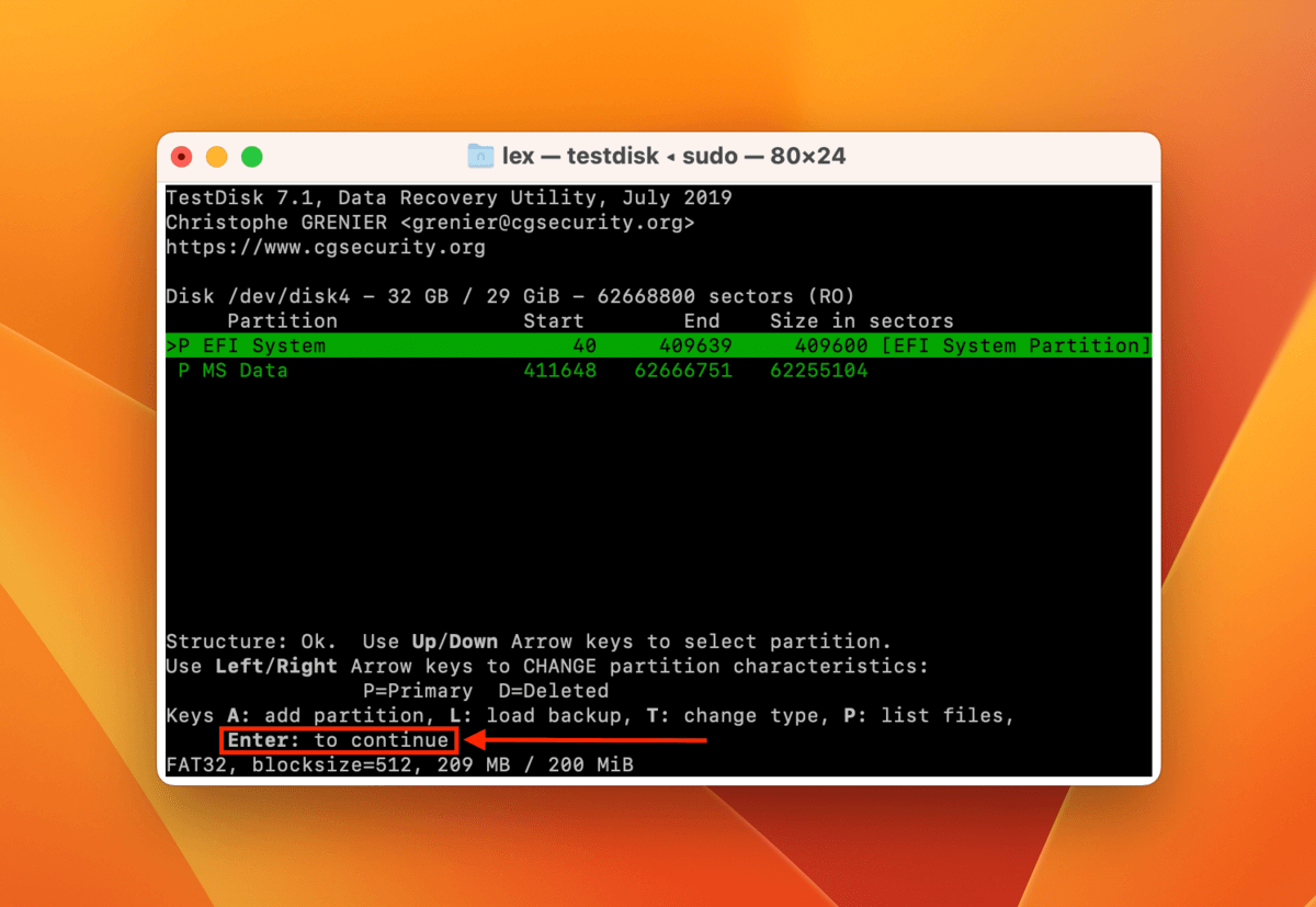 found partitions window in Terminal