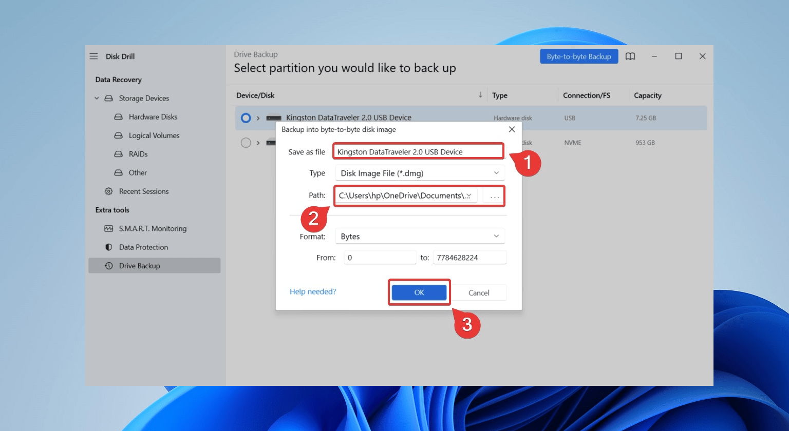 configuring the byte to byte backup