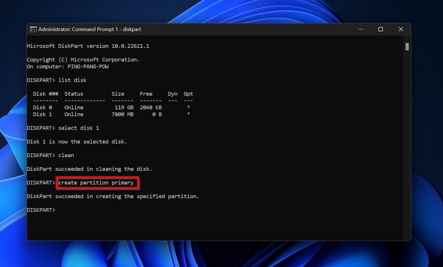 Create partition primary command.