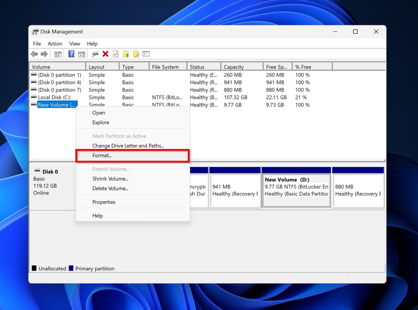 Format option in Disk Management.