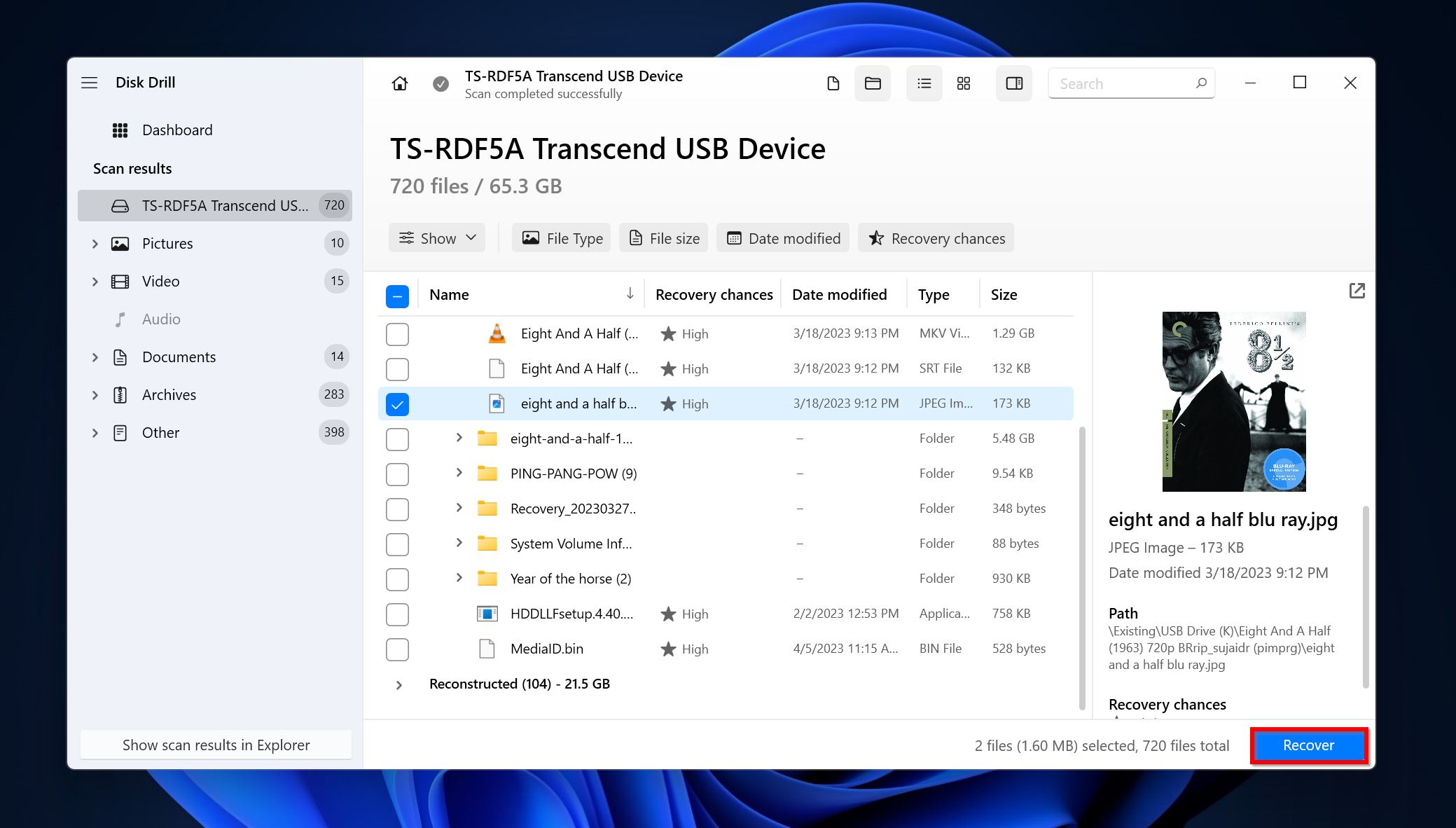 List of recoverable files in Disk Drill.