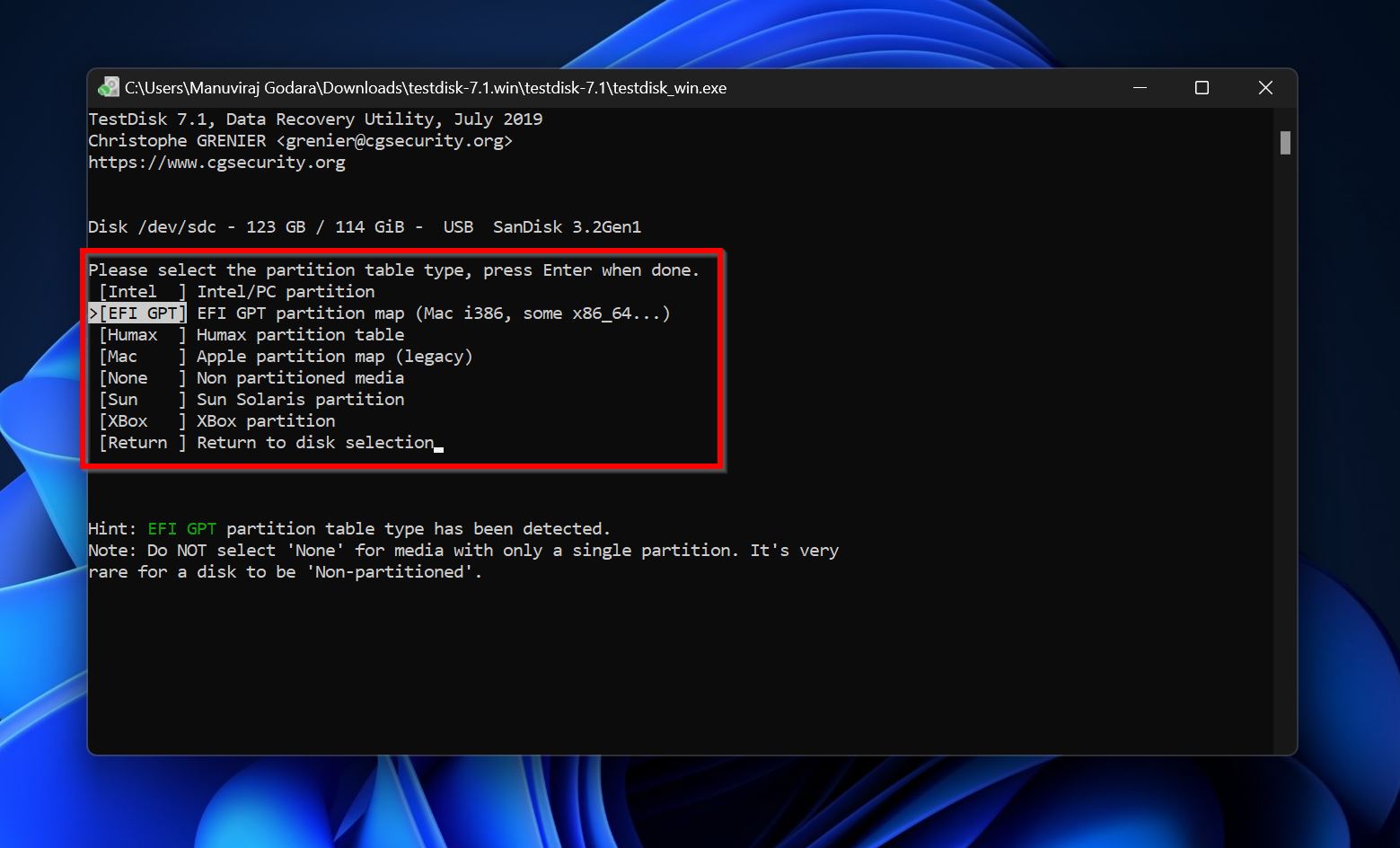 Select partition table.