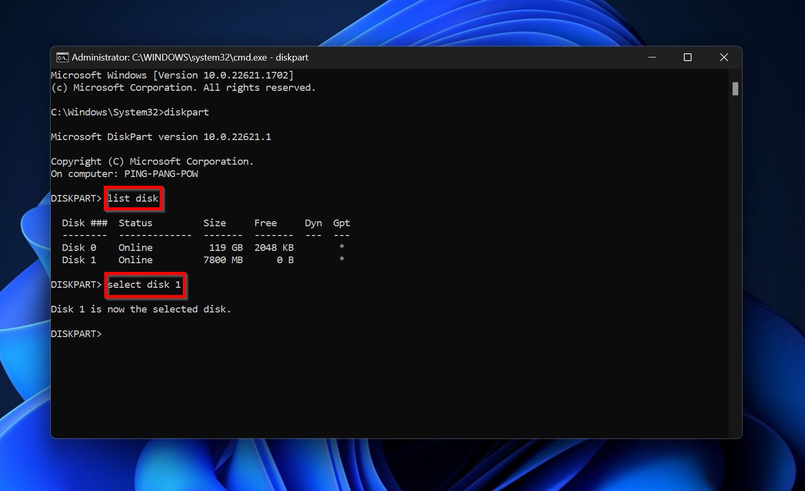 List disk and select disk commands.