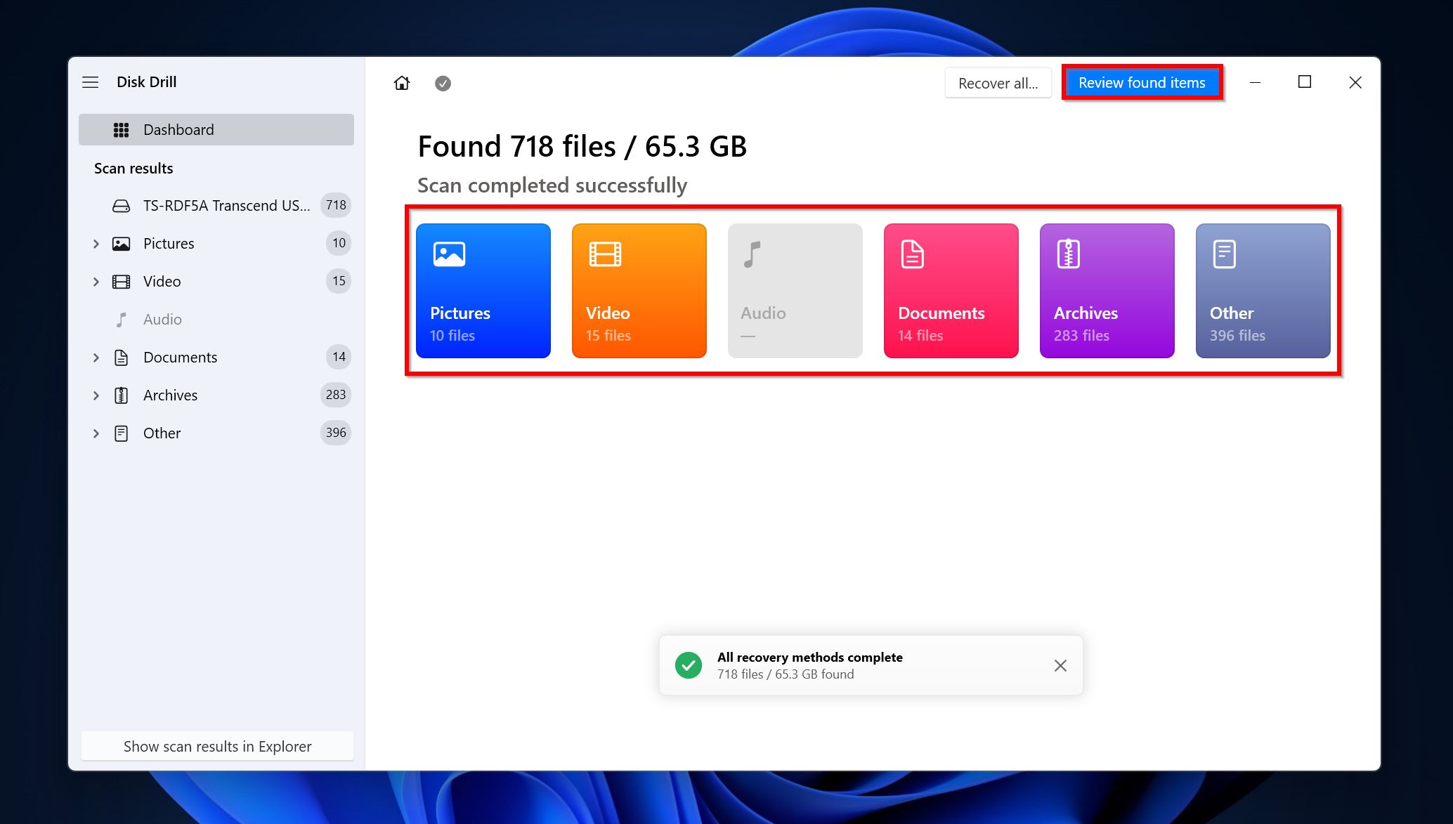 Scan complete screen in Disk Drill.