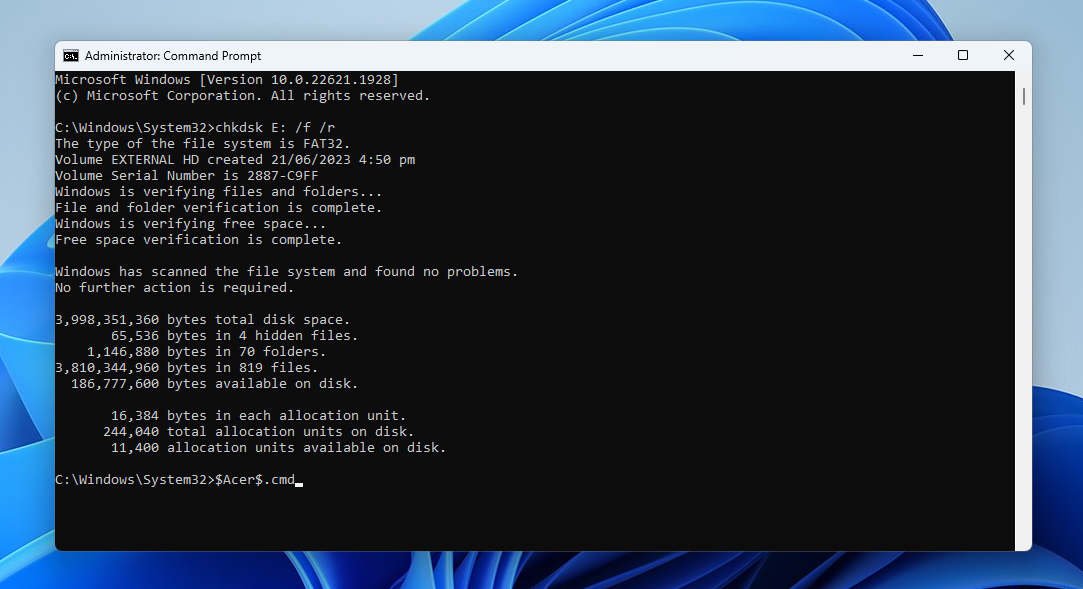 Result menu in Command Prompt