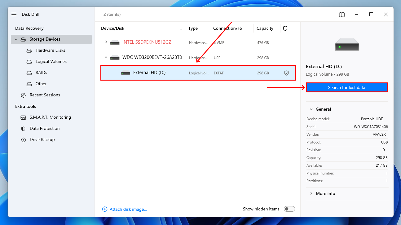 Hard Disk selection window in Disk Drill 