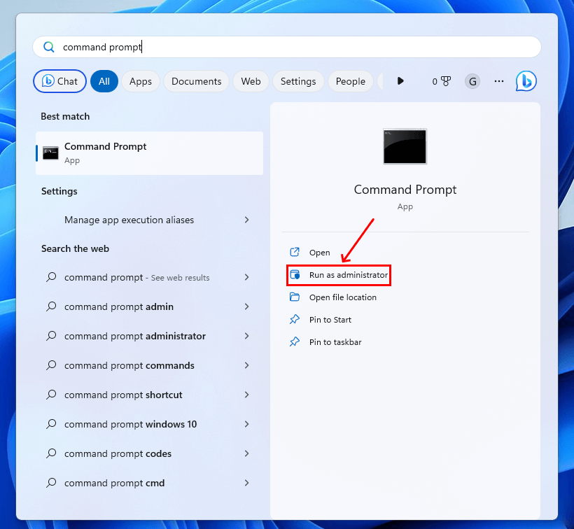 Open Command Prompt in Windows start menu