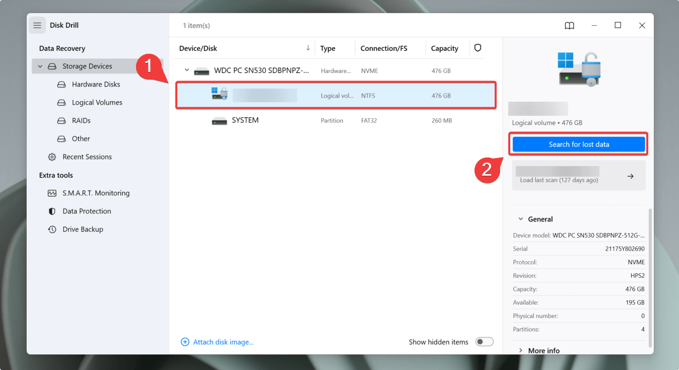 selecting drive on disk drill