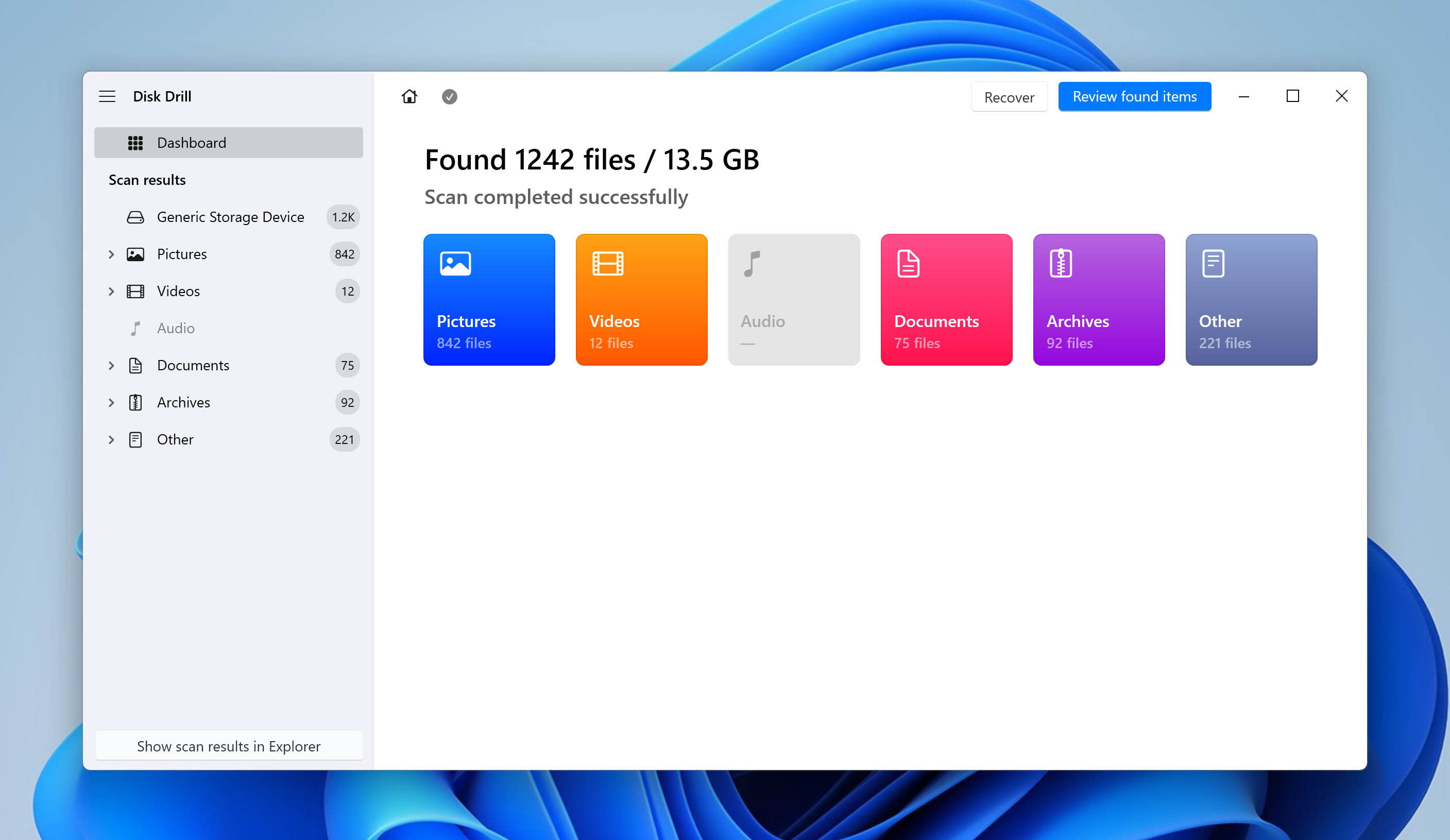 Scan results window in Disk Drill