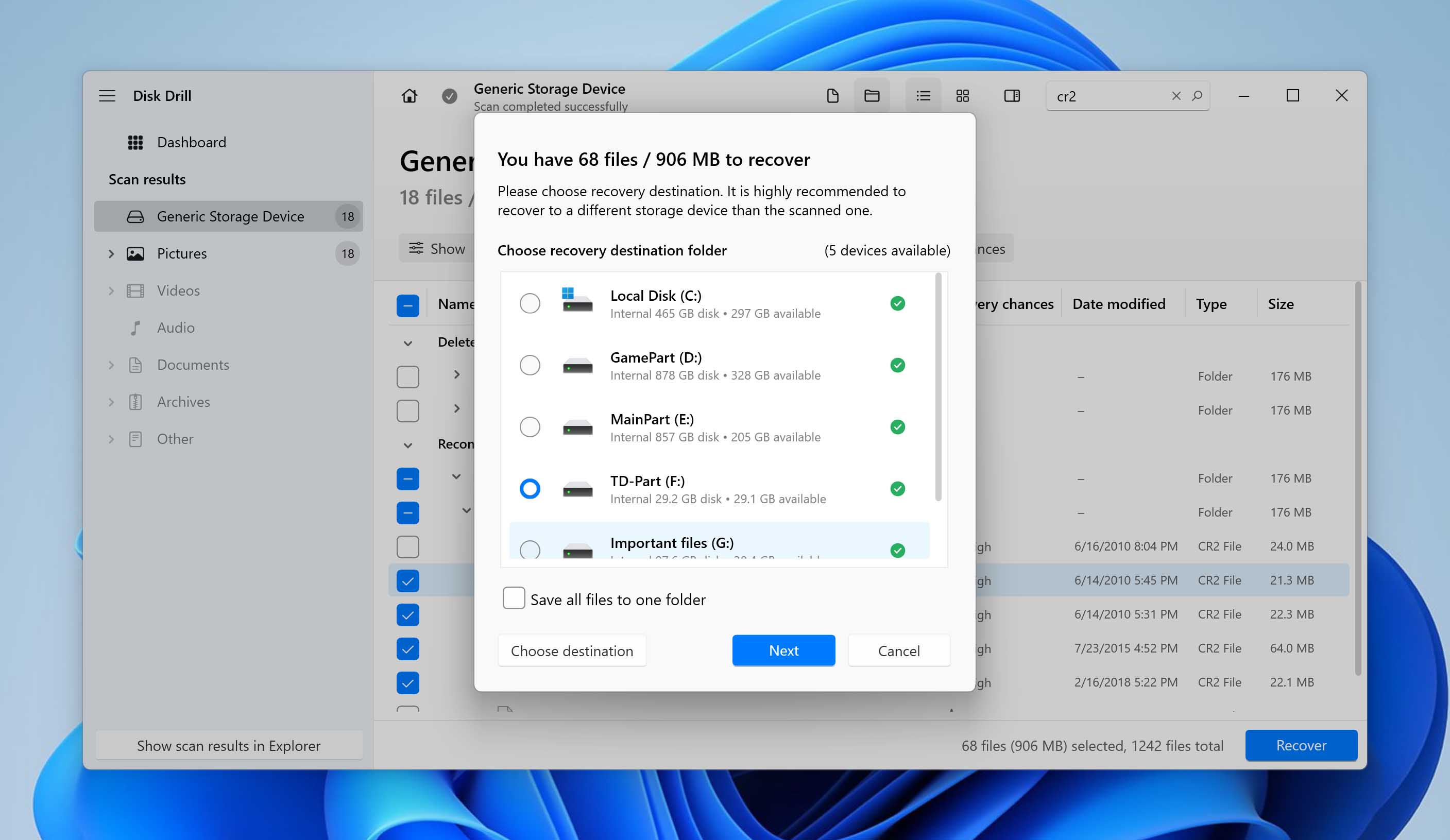 destination folder selection dialog in Disk Drill