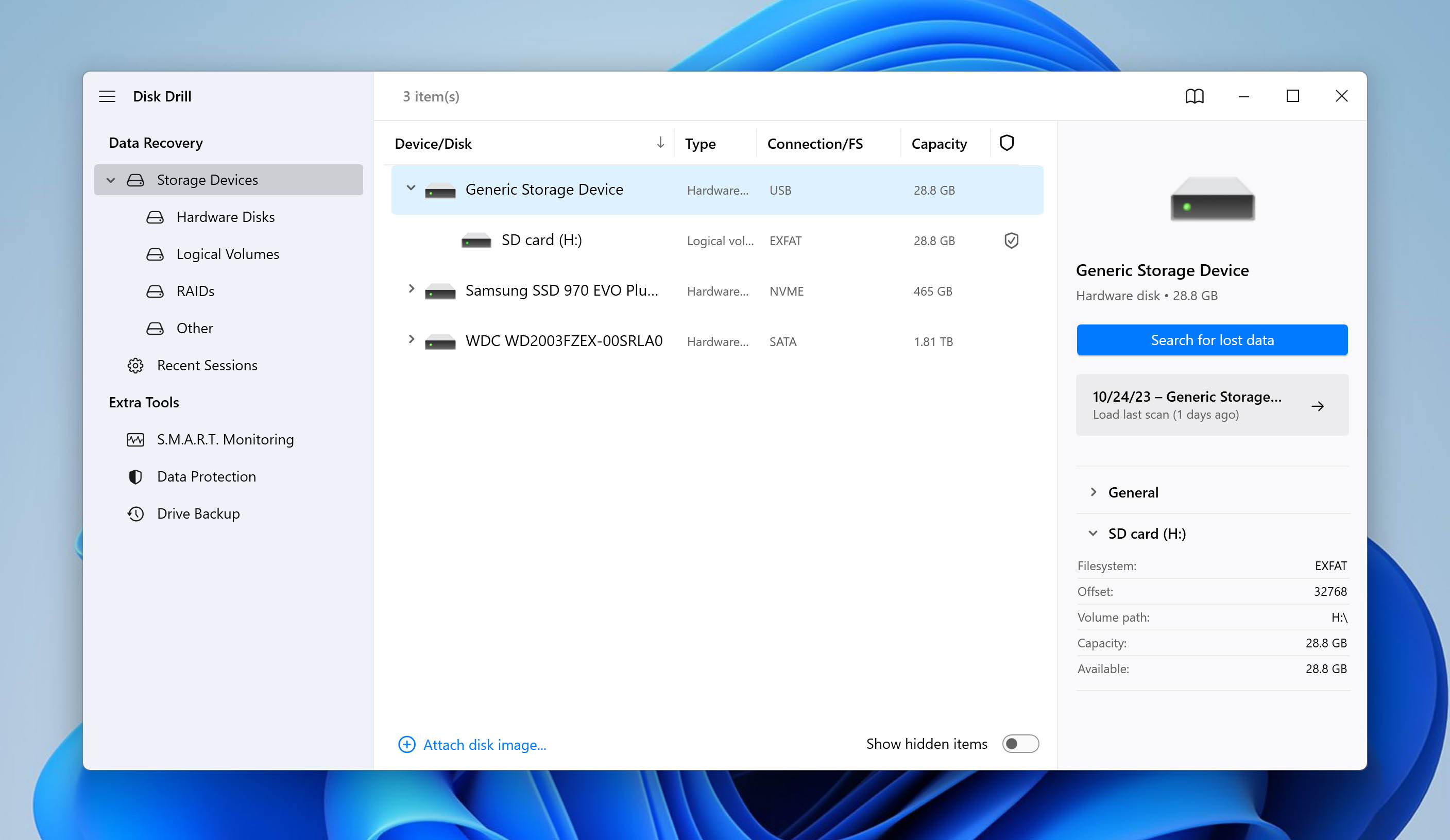 disk selection window in Disk Drill