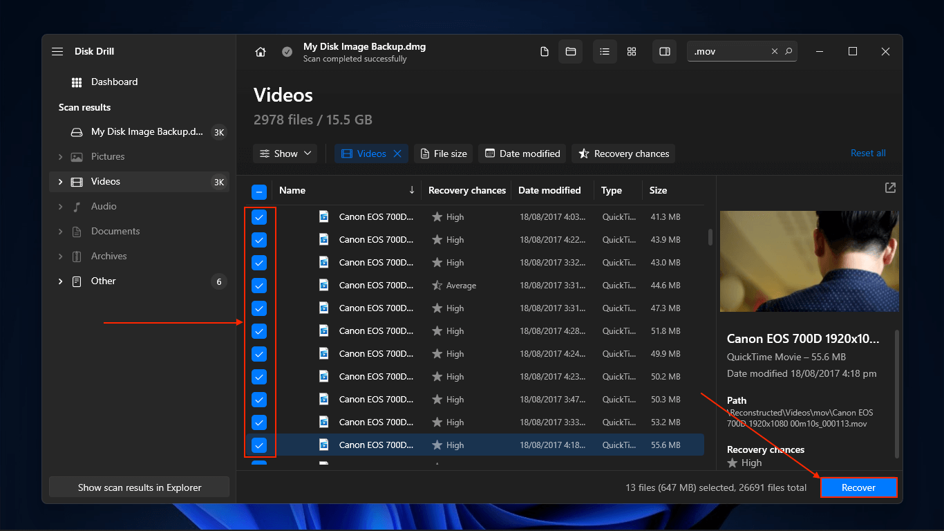 Disk Drill file selection boxes