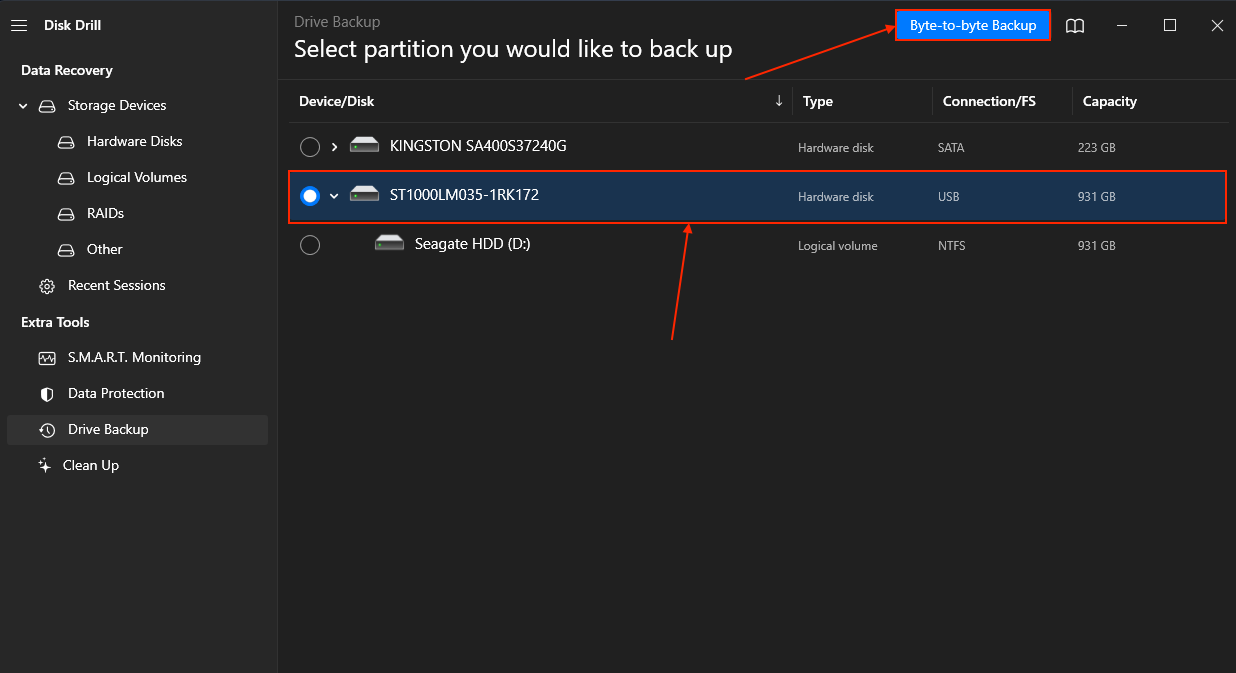 Disk Drill create backup button