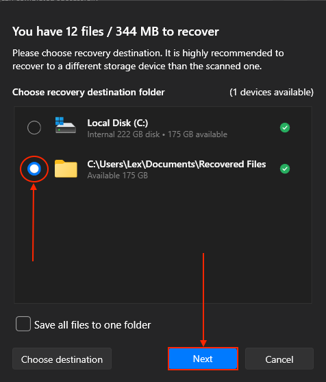 Disk Drill file destination setup dialogue box