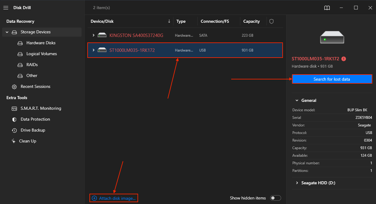 Disk Drill source selection menu and disk attachment button